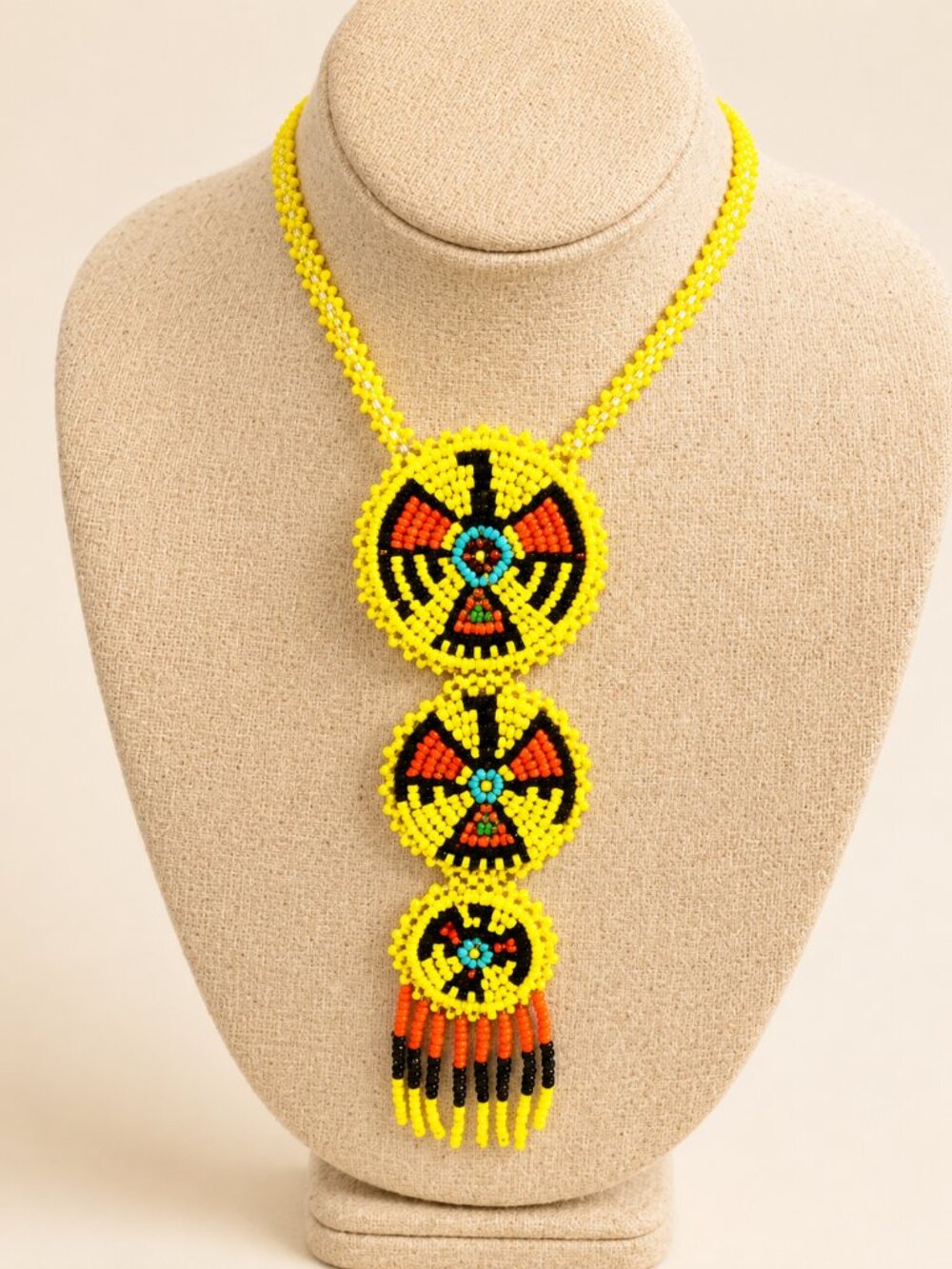 Vintage Native American Style Beaded Medallion Necklace Yellow Black Orange Hand